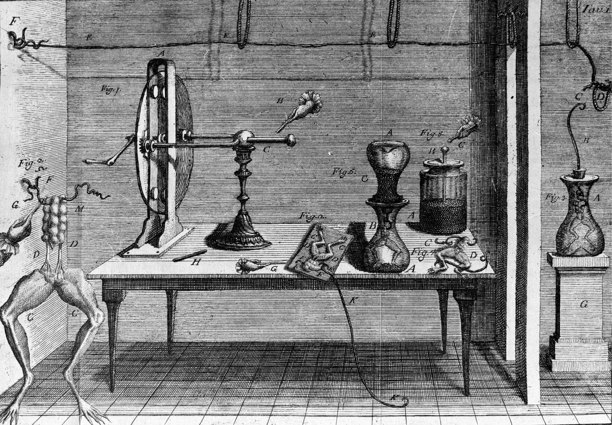 Illustratie van experimenten door Luigi Galvani, Italiaanse natuurkundige en arts (1737 - 1798) die de doorgang van elektrische stroom uitlegt die de poten van een kikker beweegt. door Unknown artist