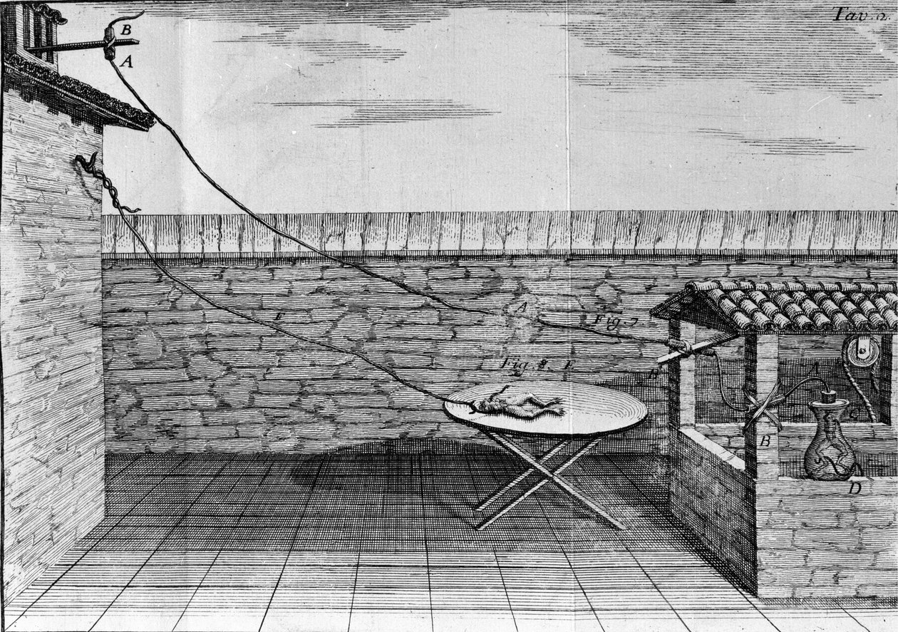 Illustratie van experimenten door Luigi Galvani, Italiaanse natuurkundige en arts (1737 - 1798) die de doorgang van elektrische stroom uitlegt die de poten van een kikker beweegt. door Unknown artist