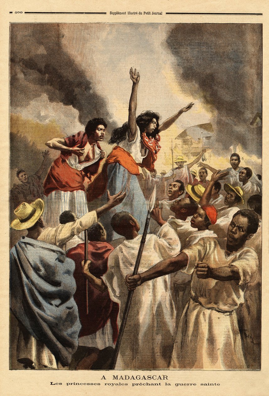 In Madagaskar prediken de koninklijke prinses (de zus en tante van de koningin) de heilige oorlog tegen Frankrijk. Gravure in "Le petit journal" 9/09/1894. Selva