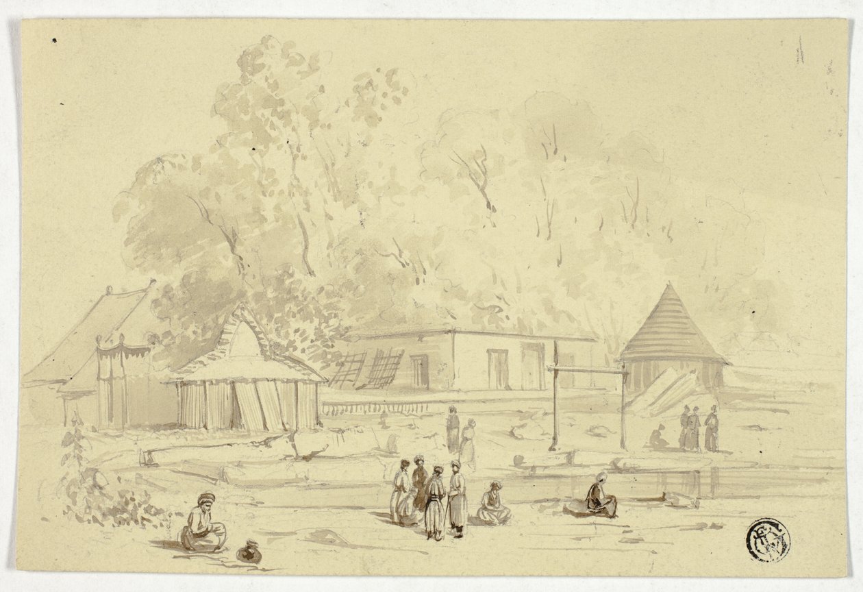 Indiaans dorp aan rivier door Unknown artist