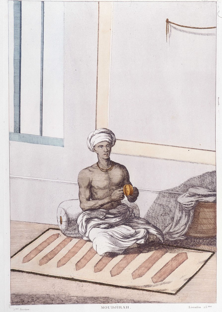 Indiase cultuur, beschaving en samenleving: muzikant met traditionele Indiase percussie. Gravure uit 1808 door Unknown artist