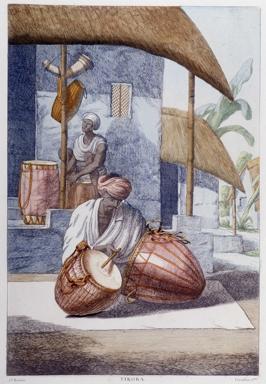 Indiase cultuur, beschaving en samenleving: muzikant met traditionele Indiase percussie (Tikora). Gravure uit 1808 door Unknown artist