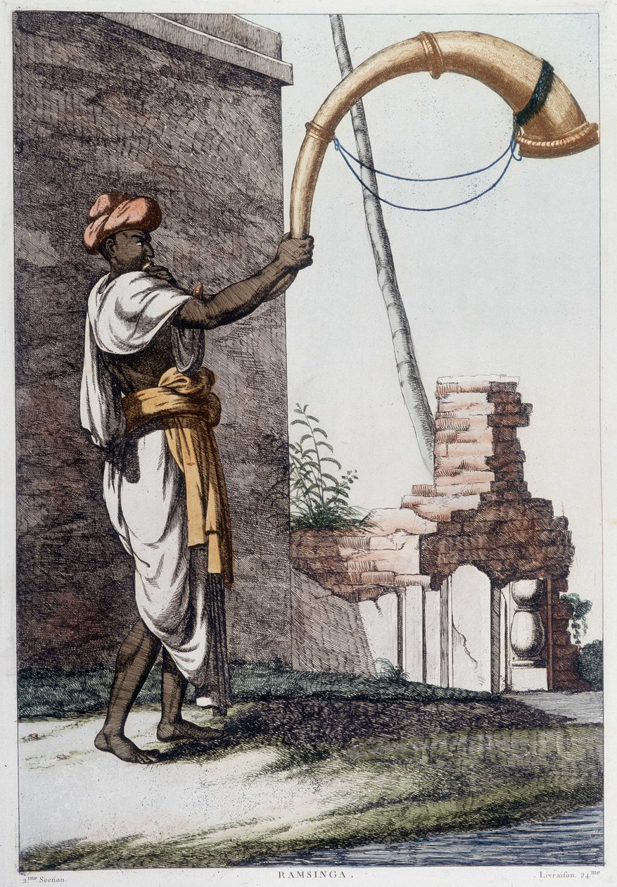 Indiase cultuur, beschaving en samenleving: muzikant met traditioneel Indiaas blaasinstrument (Sournae). Gravure uit 1808 door Unknown artist
