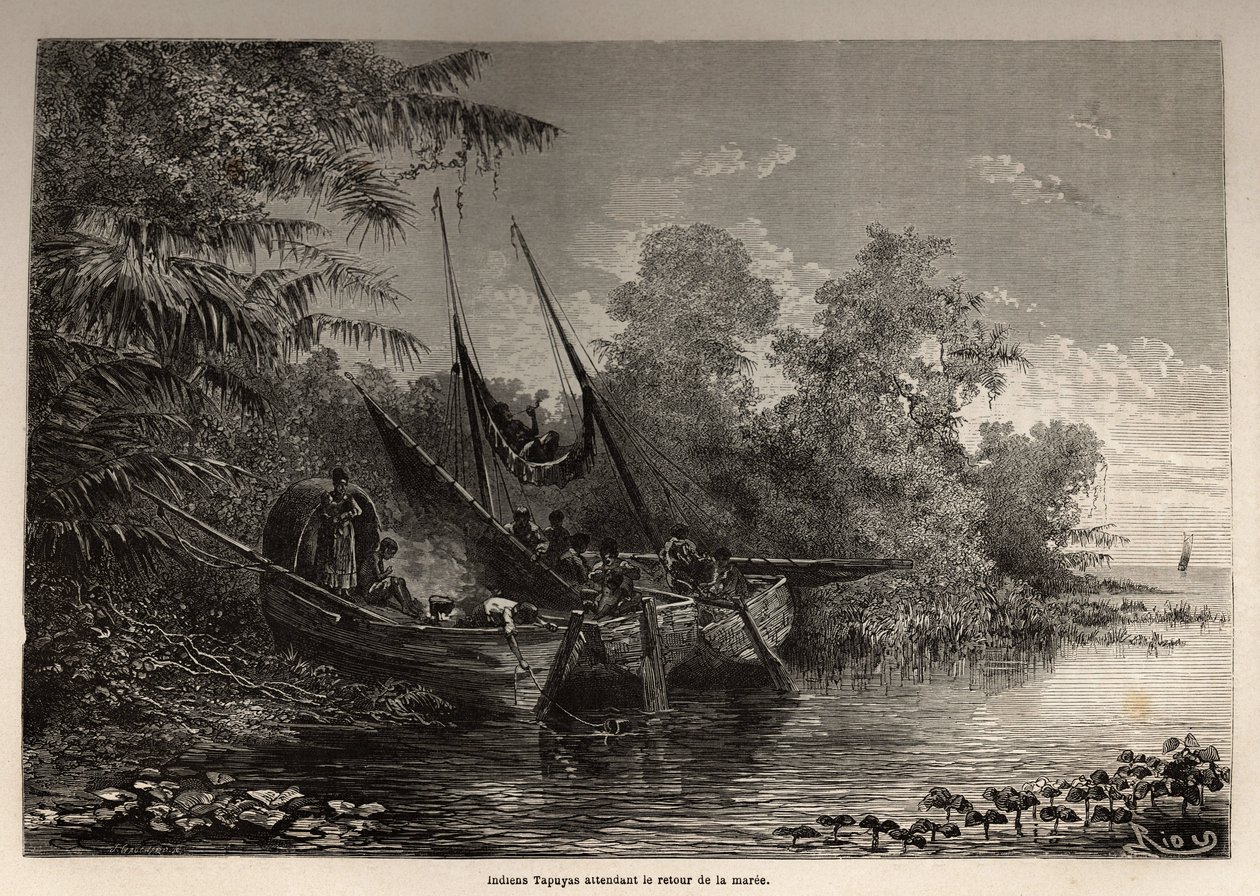 Indianen Tapuyas (Brazilië) zitten vast op hun boten, wachtend op de terugkeer van de vloed door Unknown artist