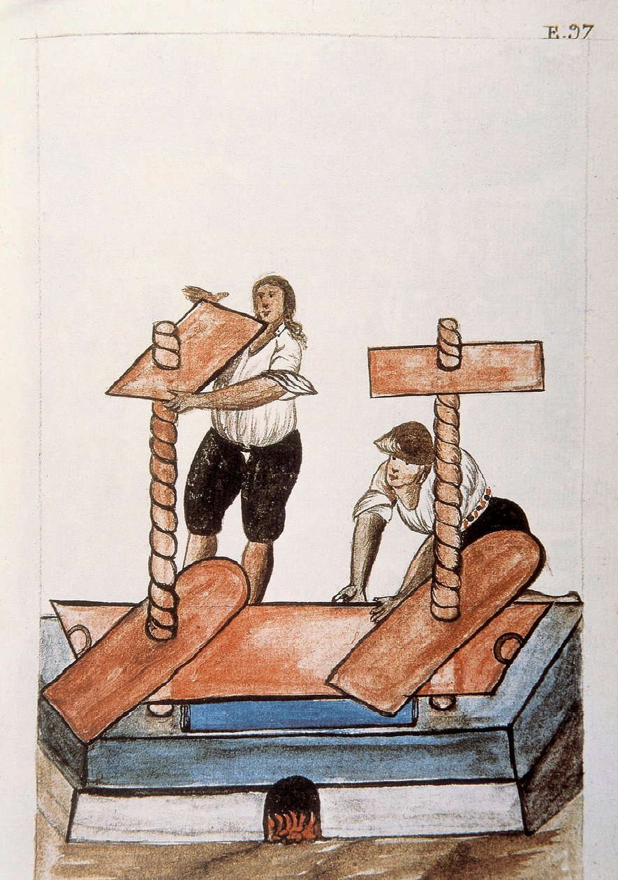 Indianen strijken linnen, uit het boek "Trujillo del Peru" of "Códice Martínez Compañón", door Baltazar Martinez Compañón y Bujanda, bisschop van Trujillo (1782-1785) door Unknown artist