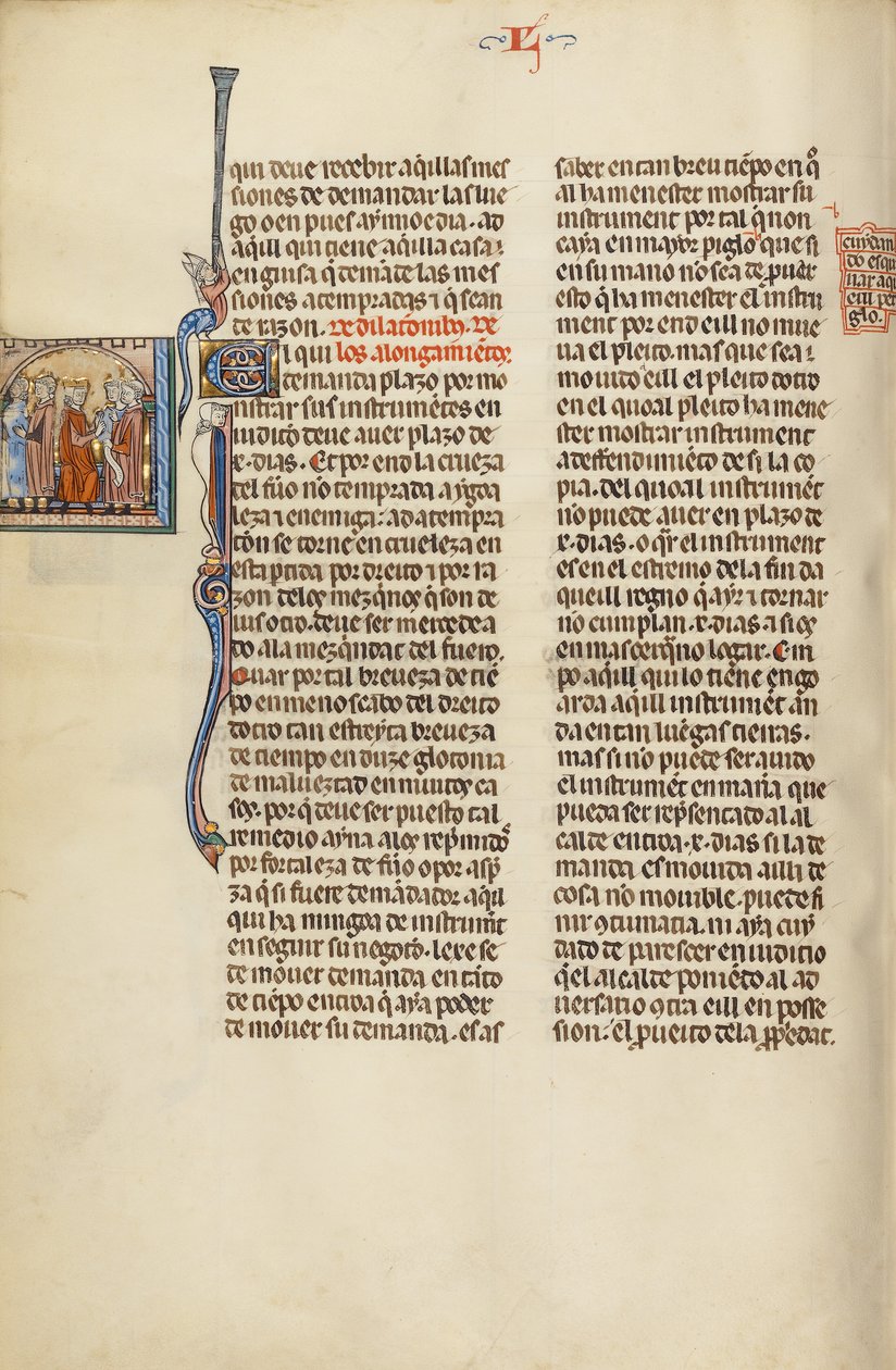 Initial E: Een advocaat met cliënten voor een rechter door Unknown artist