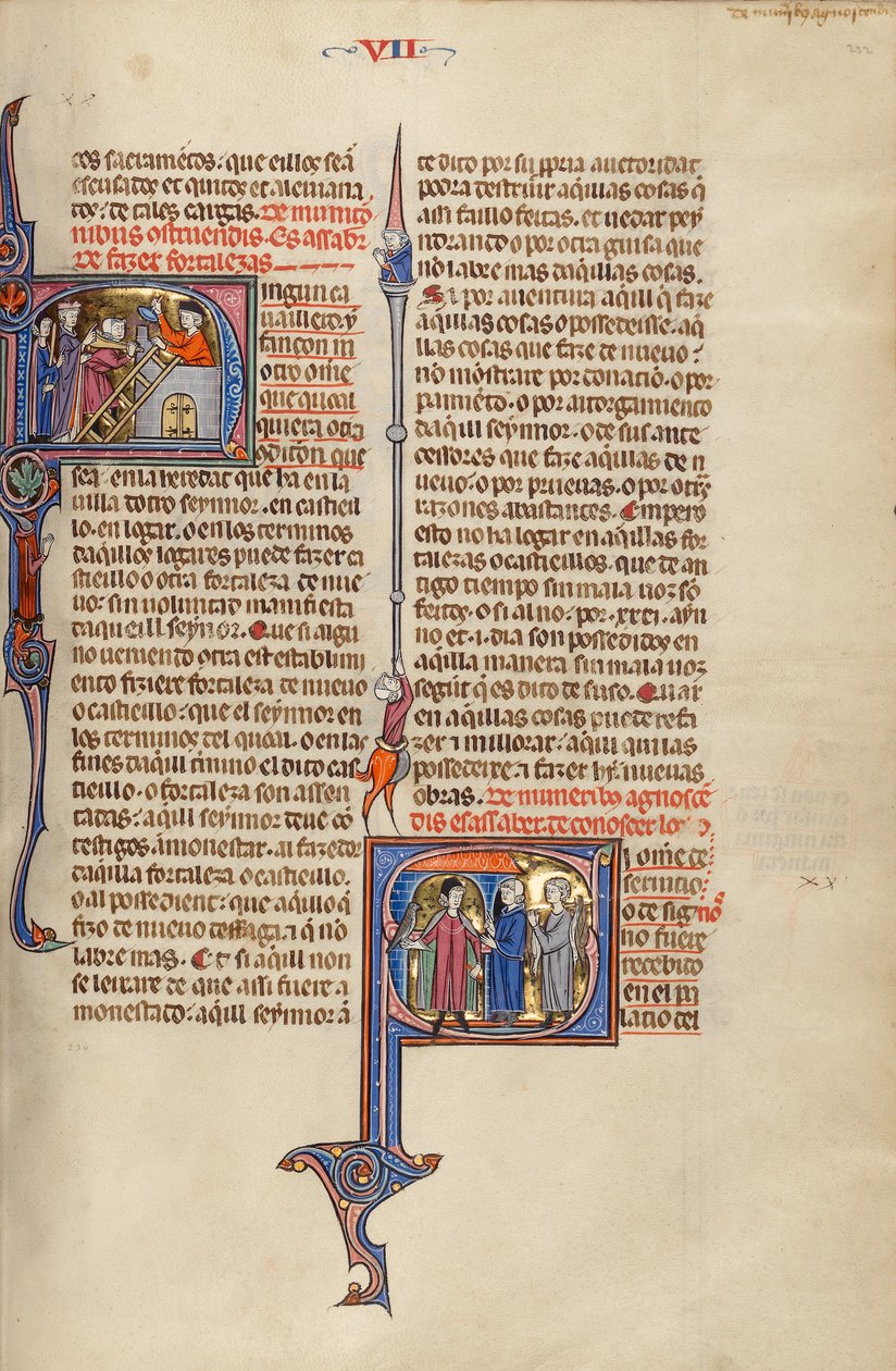 Initial N: Twee mannen bouwen een fort; Initial S: Twee mannen ontmoeten een edelman die een havik draagt door Unknown artist