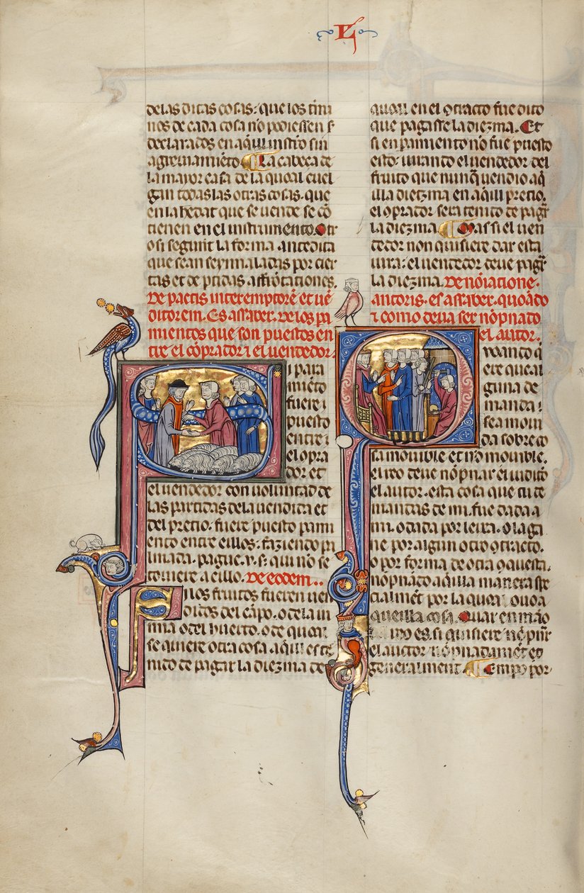 Beginletter S: Twee mannen die elkaar de hand schudden na een verkoop van schapen; initiaal Q: drie mannen voor een rechter die wijzen naar een man met een knuppel en een man die aan een aambeeld werkt. door Unknown artist