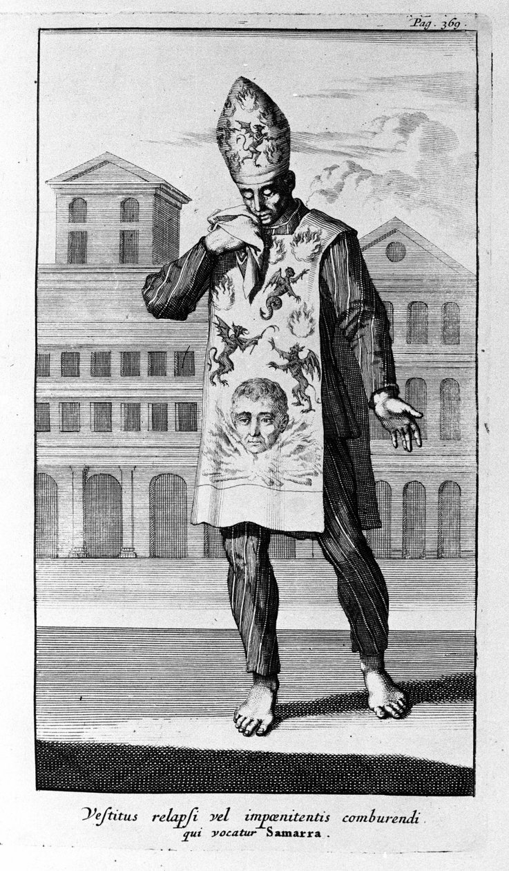 Inquisitie. Het gewaad van Samarra dat de boetelingen droegen. Gravure uit Geschiedenis van de Inquisitie, Amsterdam 1692. door Unknown artist