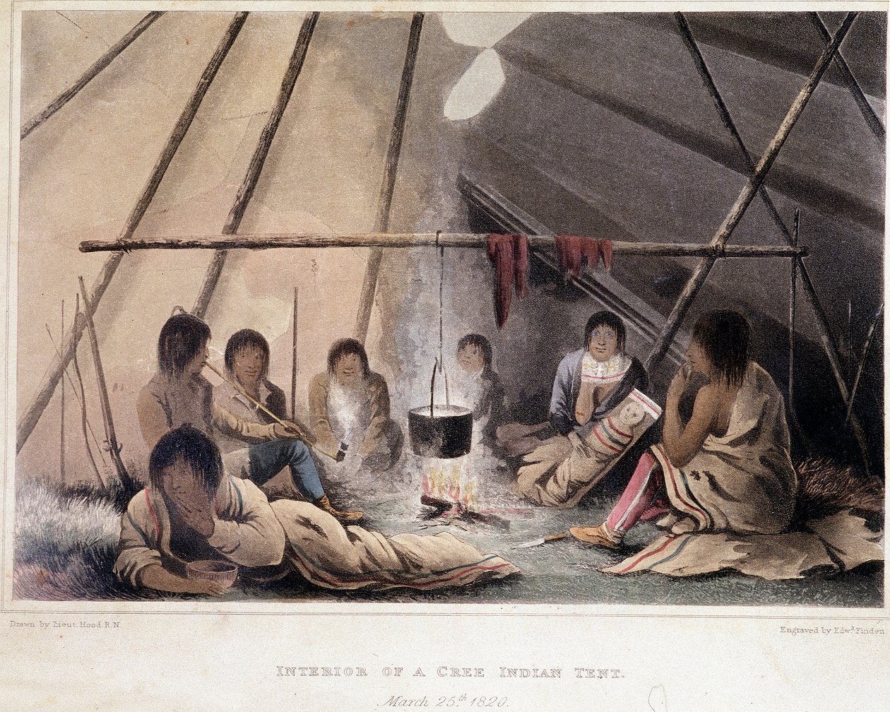 Interieur van een tent van indianen van Amerika - in "Narrative of a journey to the shores of the Polar sea in the years 1819-1821", door John Franklin, ed. Londen door Unknown artist