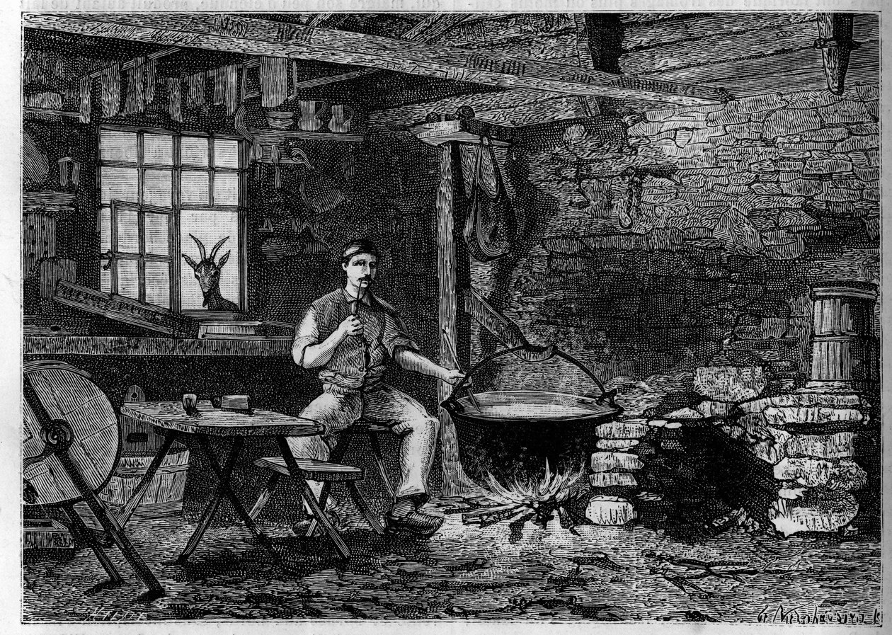 Interieur van een kaasfabriek in de Vogezen. Gravure in 
