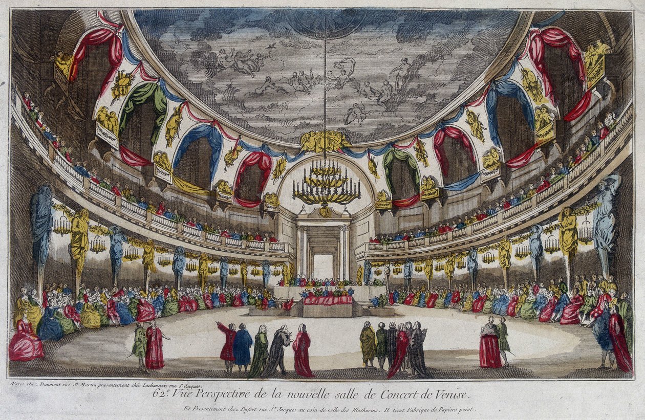 Interieur van een concertzaal in Venetië. Gravure uit de 18e eeuw. door Unknown artist