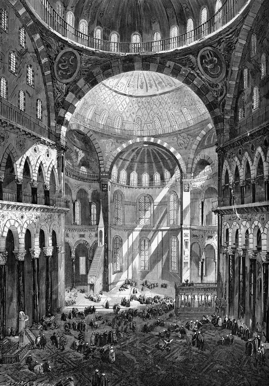 Interieur van de moskee van Sint-Sophia (Hagia Sophia) (Byzantijnse kunst van de 6e eeuw) in Constantinopel in 1858 door Unknown artist