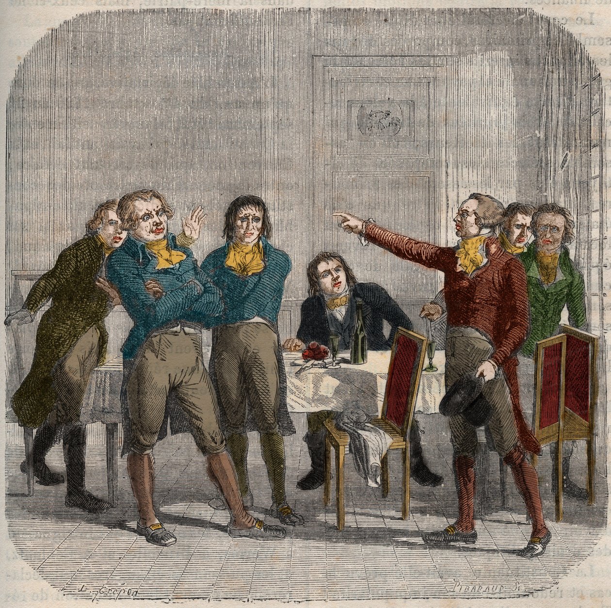 Interview tussen Jean-Paul Marat (1743-1793), Maximilien de Robespierre (1758-1794) en Georges Jacques Danton (1759-1794) op 28 juni 1793 in een Parijse café aan de Rue du Paon. Gravure in 