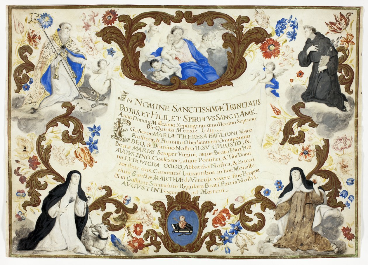 Investituurcertificaat van zuster Maria Theresa Baglioni door Unknown artist