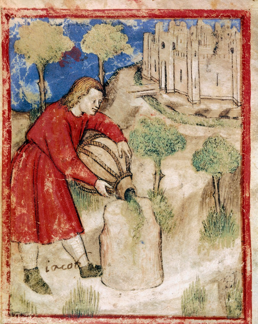 Jacob goot olie op de steen die hem als kussen had gediend Miniatuur uit codex 212 (of padovano codice of Bijbel van Padua) 1390-1400 Rovigo, Accademia dei Concordi door Unknown artist