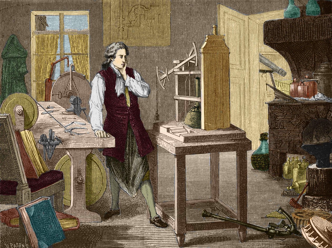 James Watt bestudeert de verbetering van de Newcomen-machine (1767) (stoommachine) - in 
