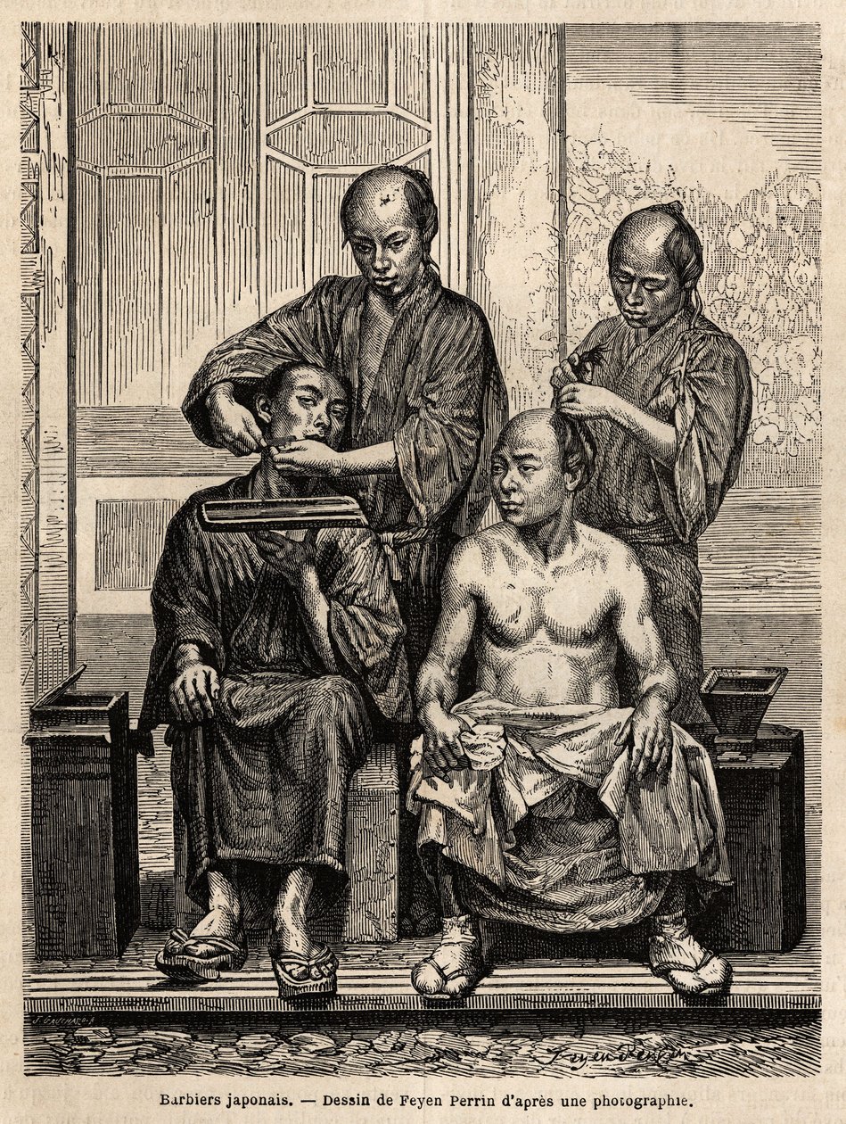 Japanse kappers in hun winkel, een scheert een baard, de ander stylet een man met ontbloot bovenlijf. Gravure ter illustratie van de reis naar Japan, in 1863-1864, door Aime Humbert, minister van de Zwitserse Confederatie, in 
