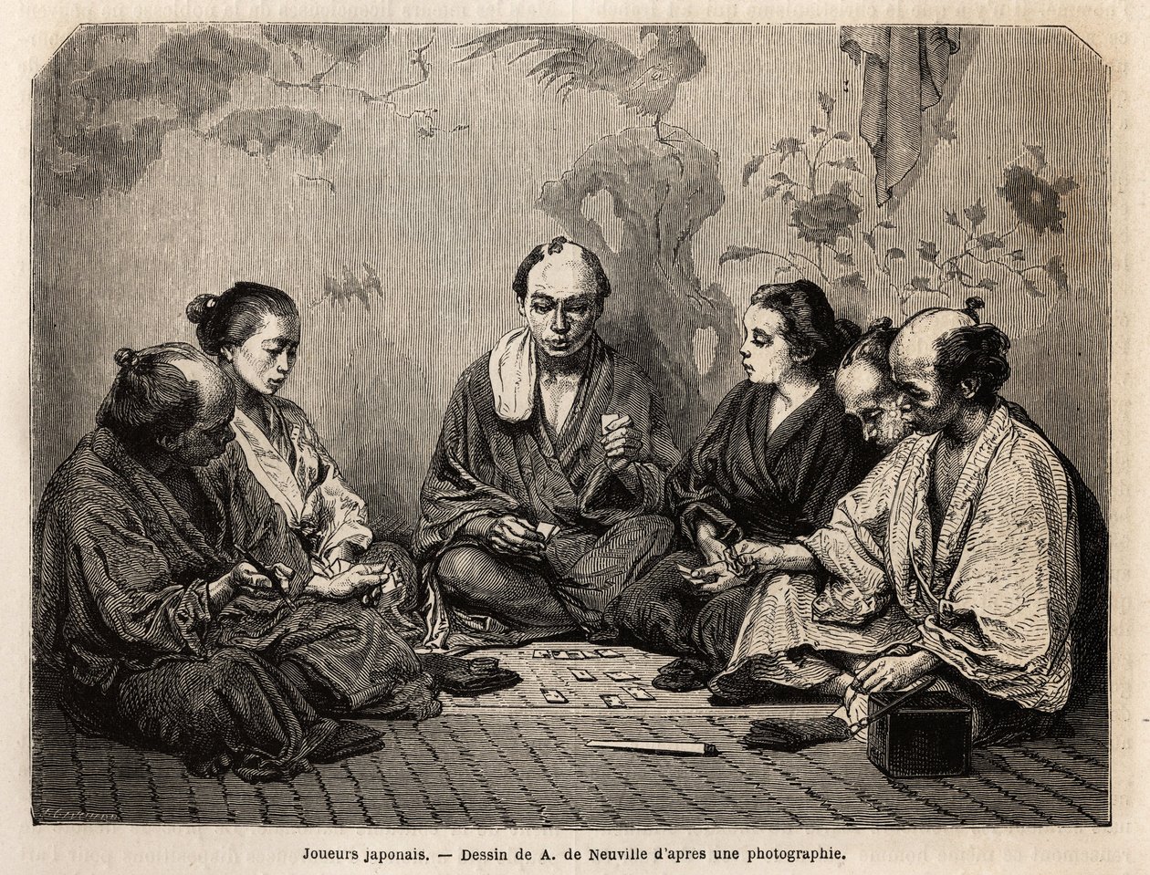 Japanse spelers midden in een kaartspel. Gravure ter illustratie van Japan, reisverhaal door Aime Humbert, minister van de Zwitserse Confederatie, in 1863-1864, gepubliceerd in 