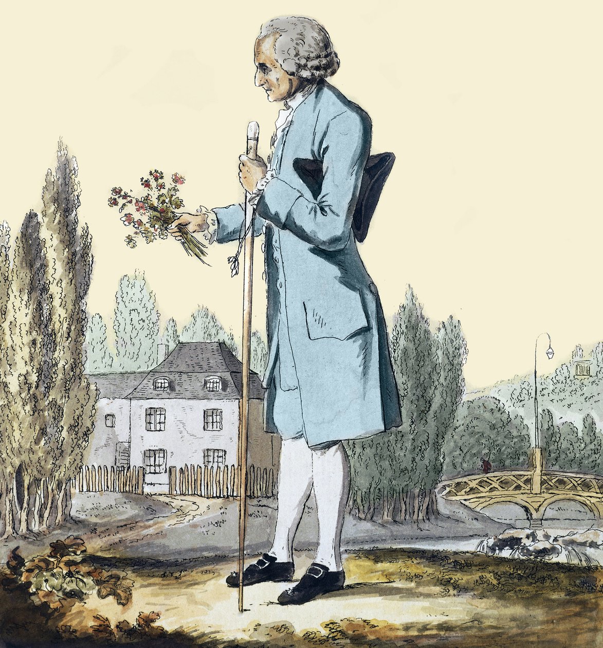 Jean-Jacques Rousseau (1712-78) verzamelt kruiden in Ermenonville, juni 1778 - Weergave van de filosoof Jean Jacques Rousseau (1712-1778) die bloemen plukt in Ermenonville door Unknown artist