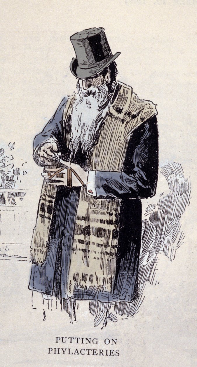 Joodse religie: een oude Joodse man die de gebedslime draagt (Talit of Tzitzit), gravure uit 1890 door Unknown artist