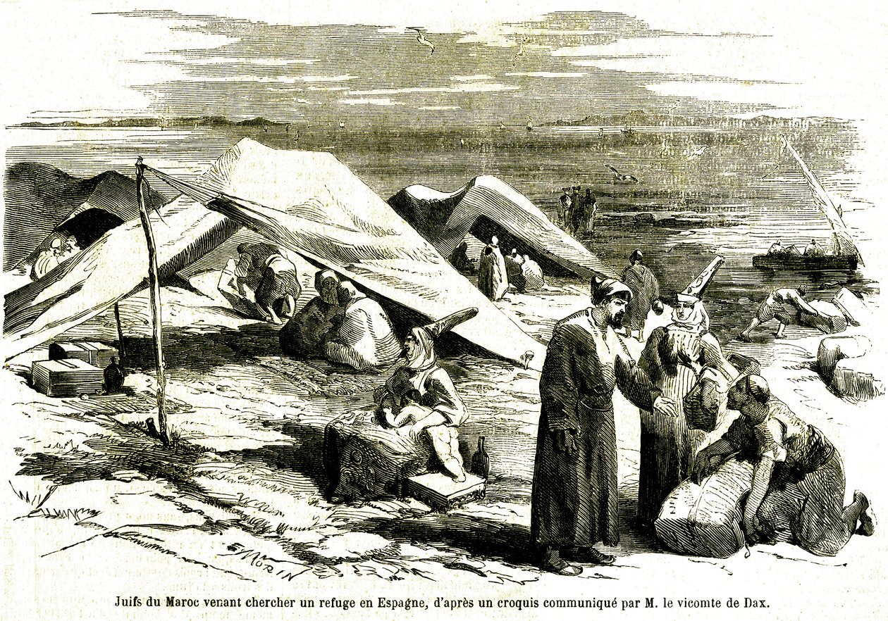Joden uit Marokko die hun toevlucht zoeken in Algesiras in Spanje in het midden van de 19e eeuw (gravure) door Unknown artist