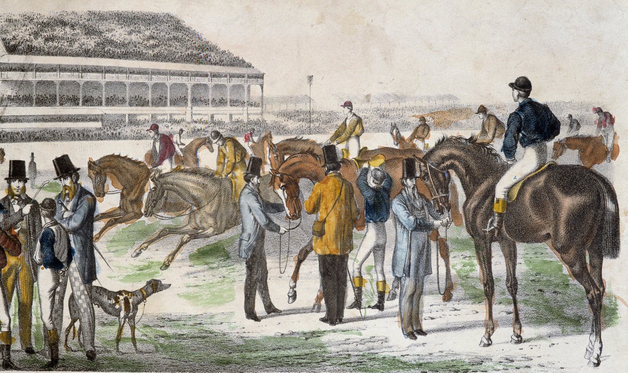 Jockeys en hun paarden voor de race - gravure, ca. 1850 door Unknown artist