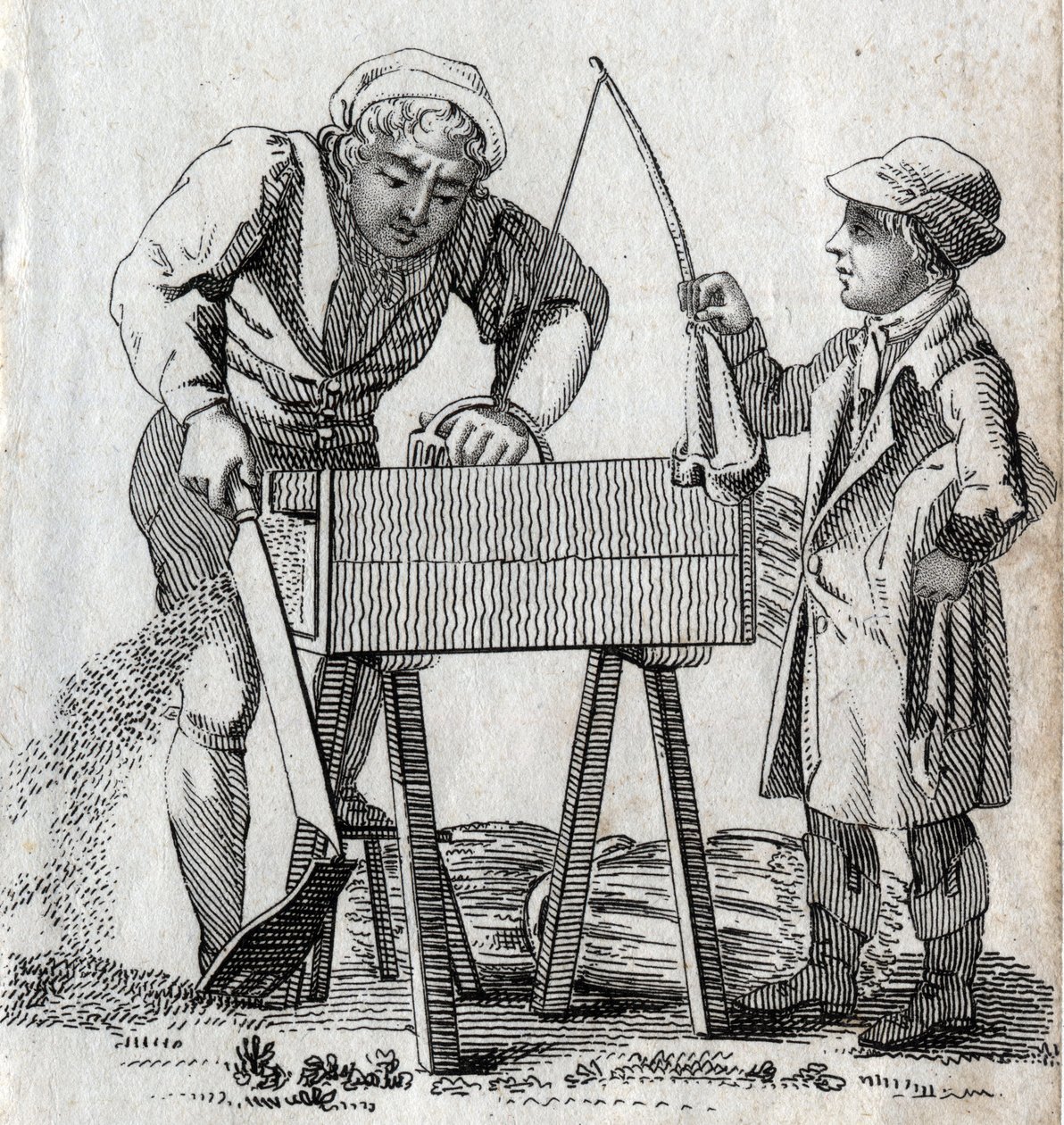 Timmerman en leerling. Gravure eind 18e eeuw. Privécollectie door Unknown artist