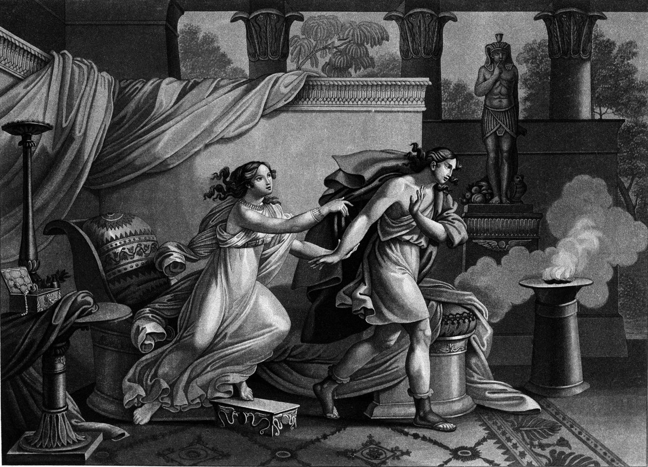 Jozef vlucht voor de vrouw van Potifar die hem probeert te verleiden. Lithografie uit de 19e eeuw door Unknown artist