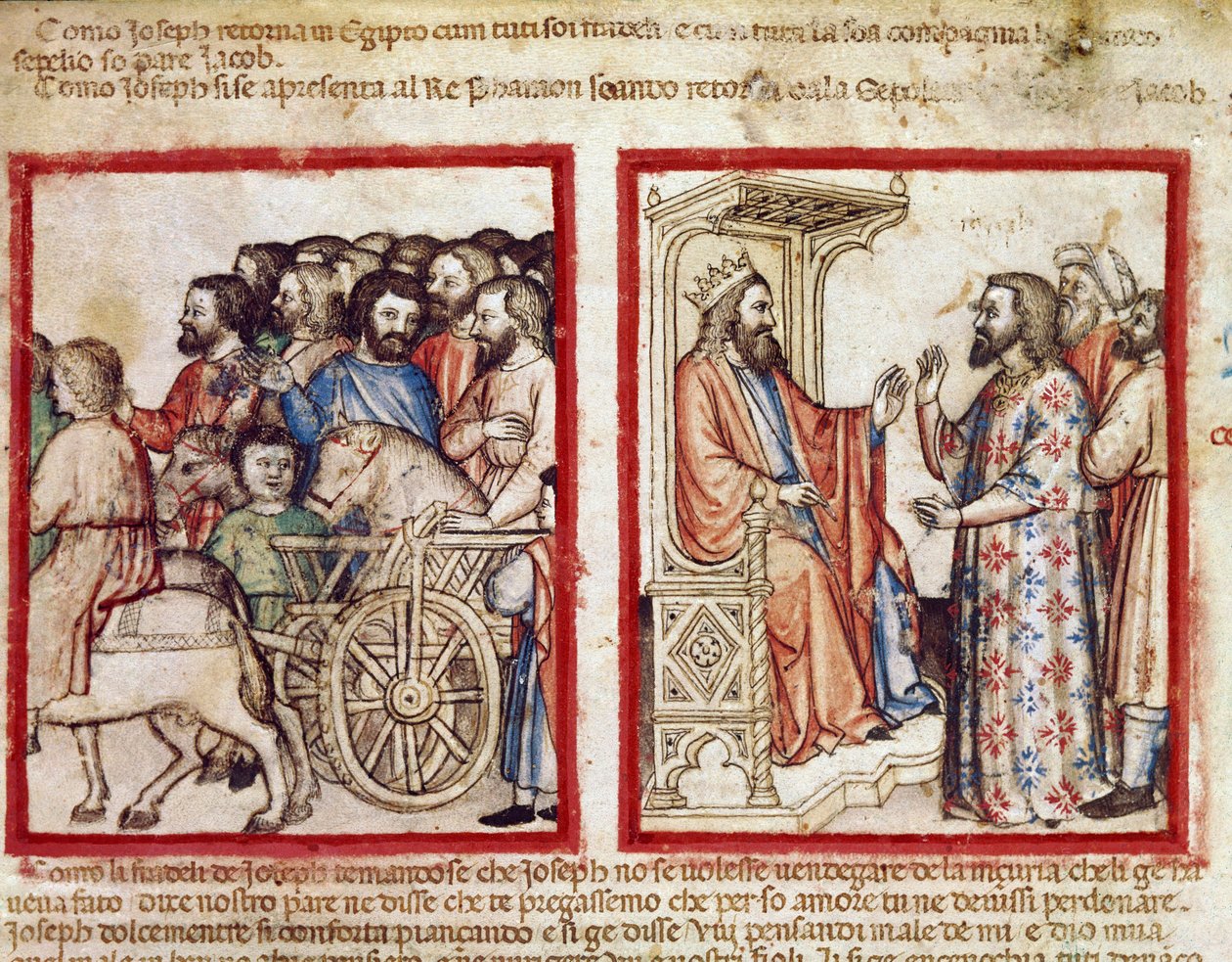 Jozef links naar de begrafenis van zijn vader, daarna gaat hij naar de farao (miniatuur uit codex 212) door Unknown artist