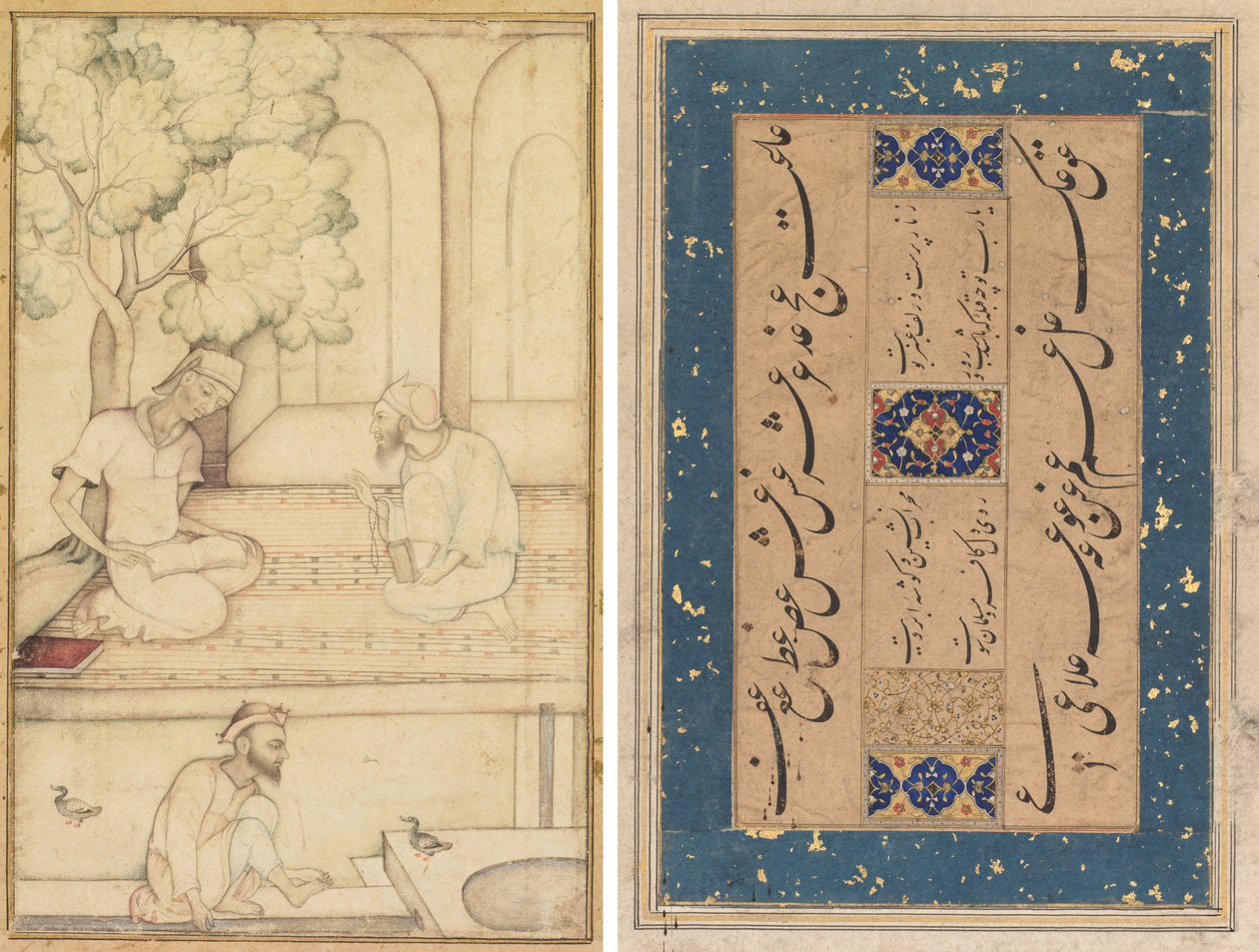 Kabir en Twee Volgelingen op een Terras (recto); Calligrafie (verso) door Unknown artist