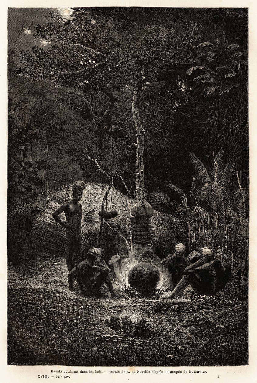 Kanaks koken in het bos, in het gebied van Pamale. Gravure ter illustratie van de reis naar Nieuw-Caledonië, door Jules Garnier, civiel ingenieur van mijnen, in 1863-1866, gepubliceerd in 