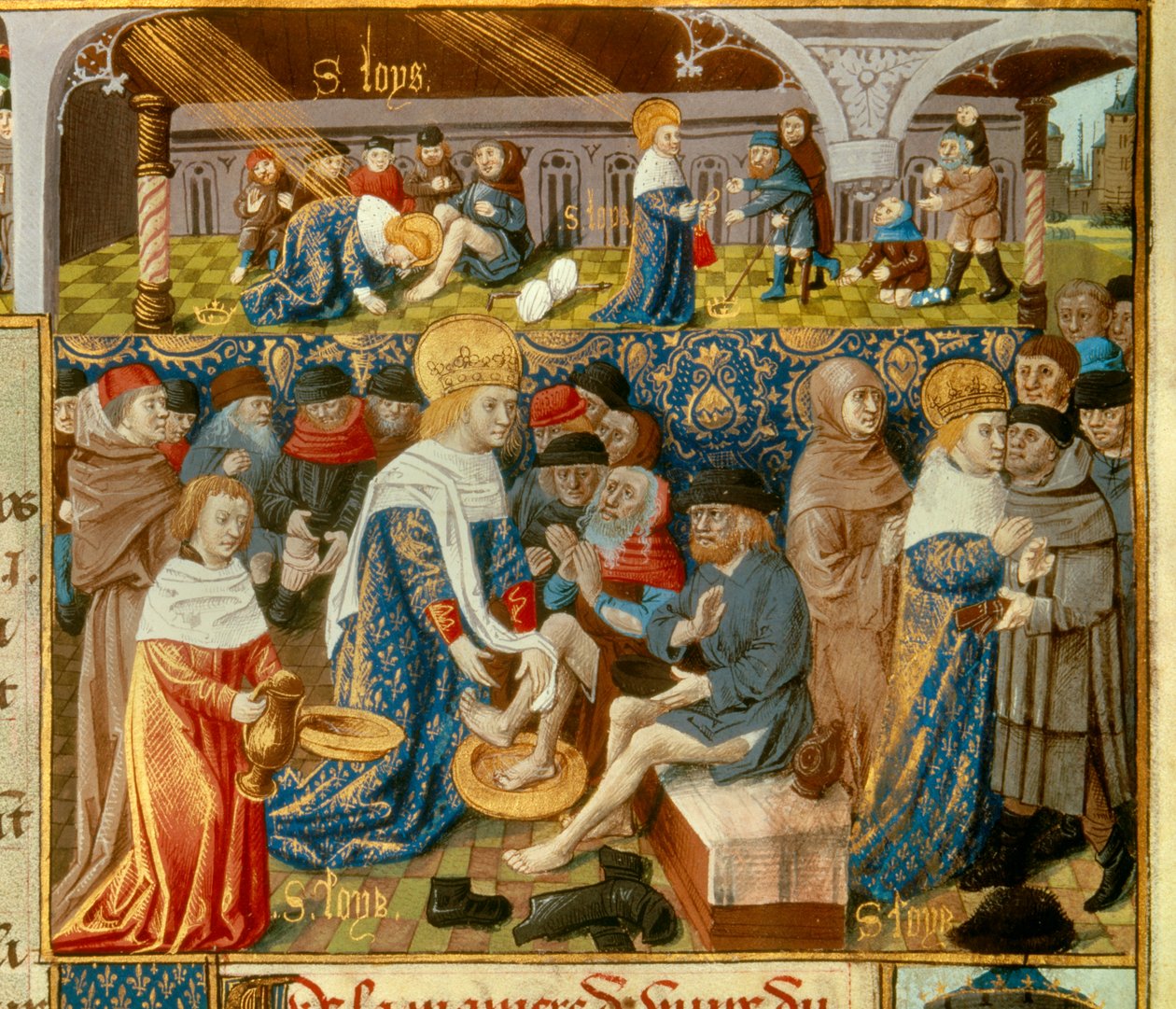 Koning Lodewijk IX (Saint Louis) wast de voeten van de armen en scènes van christelijke liefdadigheid door Unknown artist