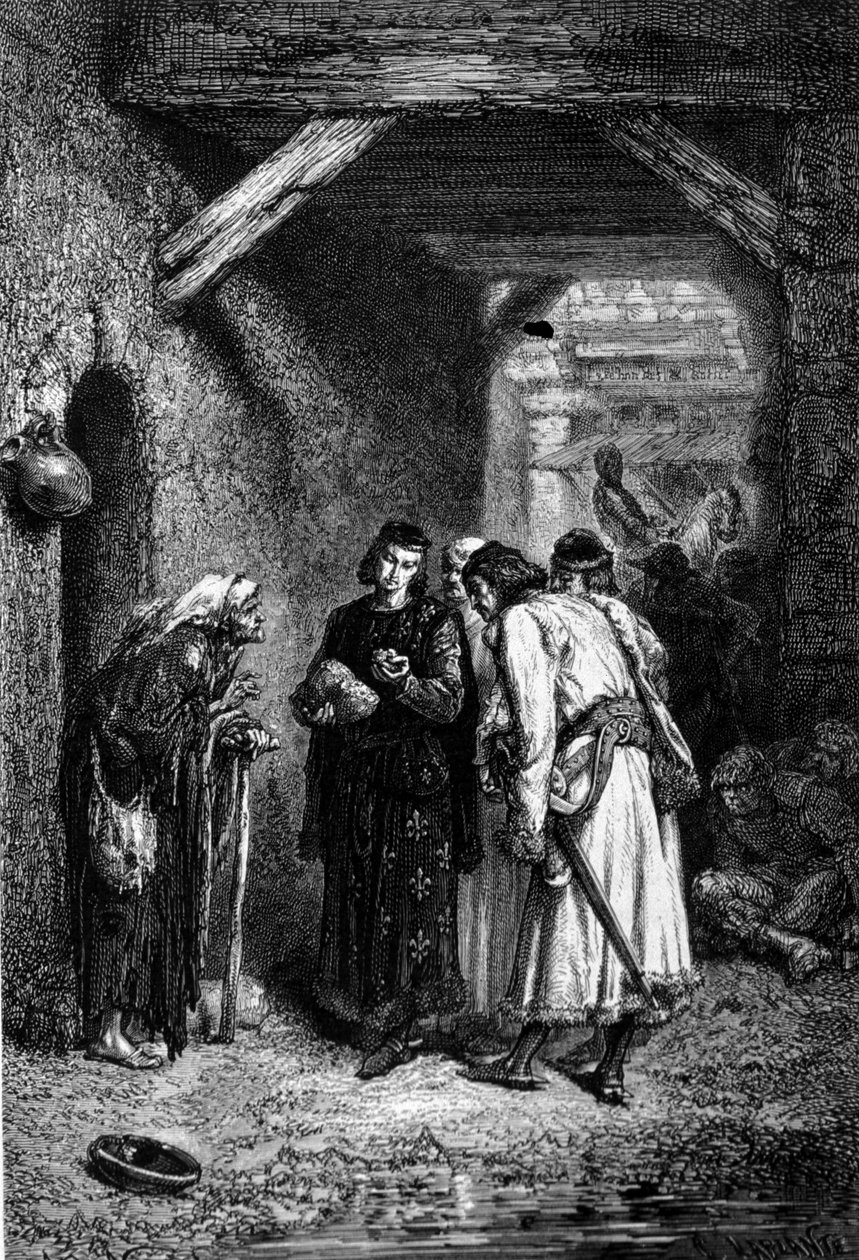 Koning Lodewijk IX of Sint Lodewijk onderzoekt het brood van arme mensen en ontdekt dat het droog is. door Unknown artist