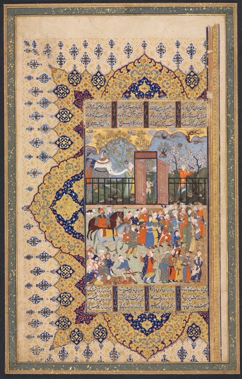 Koning Luhrasp Beklimt de Troon: een Processie Arriveert aan het Hof, recto van het linker folio van een dubbelbladige compositie uit een Shahnama (Boek der Koningen) van Firdausi (940-1019 of 1025) door Unknown artist