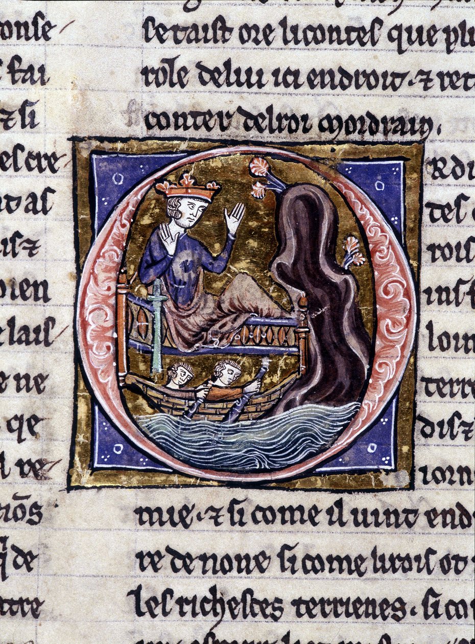 Koning Modreius. Manuscript: Verovering van de Heilige Graal, geschreven 717 jaar na de passie van onze heer. Bibliotheque municipale de Rennes, ms. 255 (Collectie van romans van de Ronde Tafel); Parijs door Unknown artist
