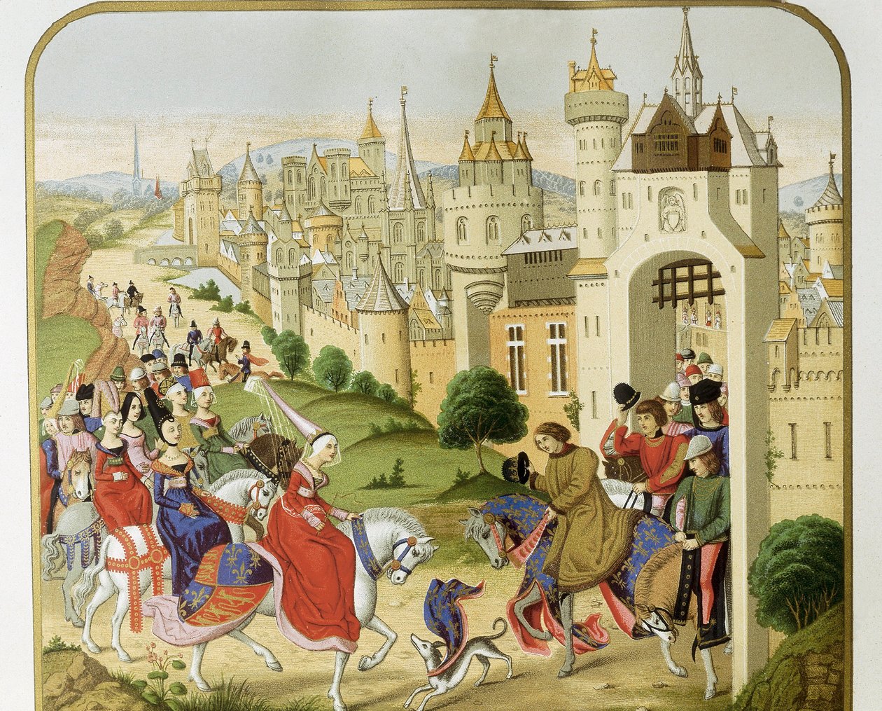 "Koning van Frankrijk Karel IV ontving het bezoek van zijn zus de koningin van Engeland Isabella van Frankrijk (1292-1358), vrouw van Edward II, die kwam schuilen" Volgens de kronieken van Jean Froissart. 19e eeuw Barcelona. Sant Jordi Catalaans Koninklijk door Unknown artist