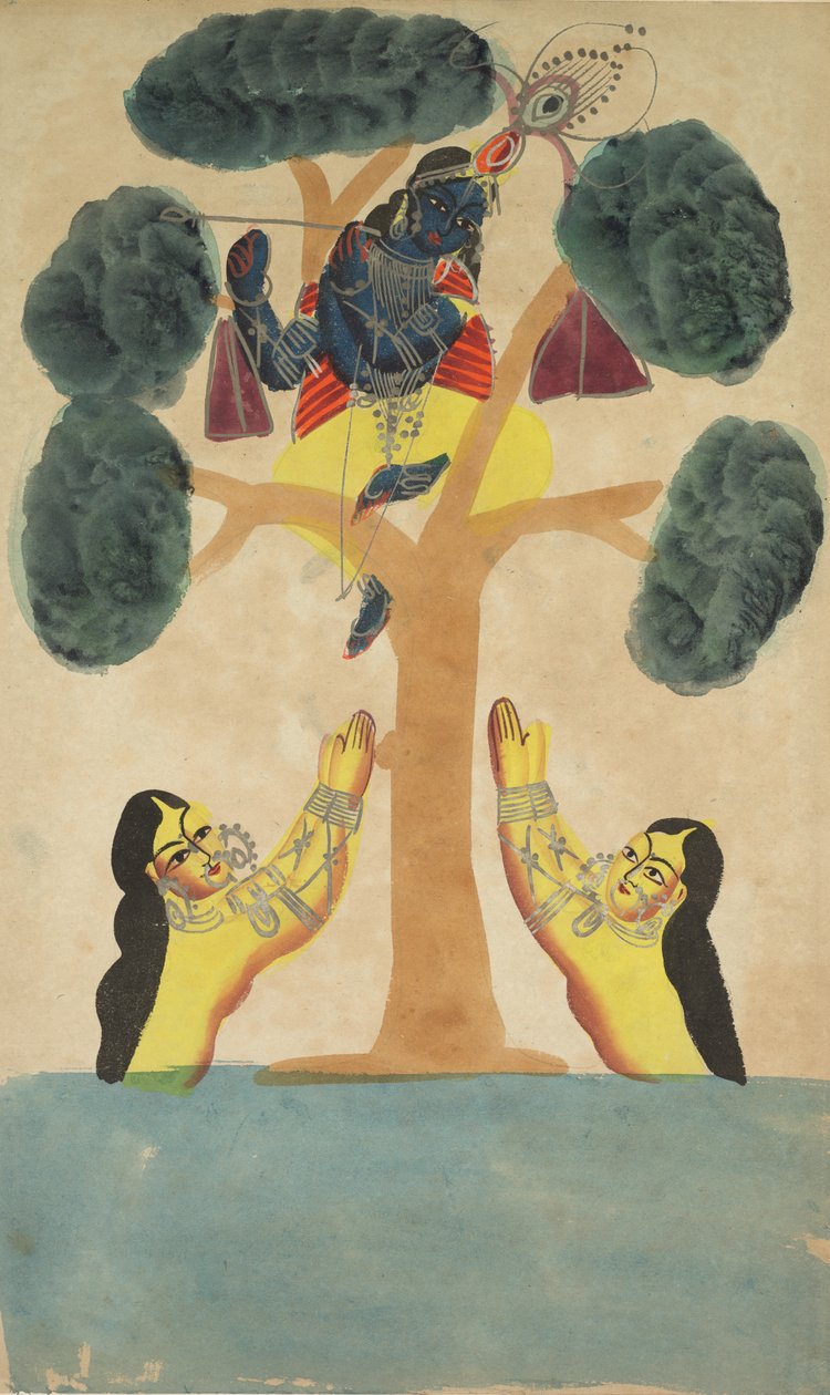 Krishna steelt de kleren van de koeherderinnen (Gopis) (recto) door Unknown artist