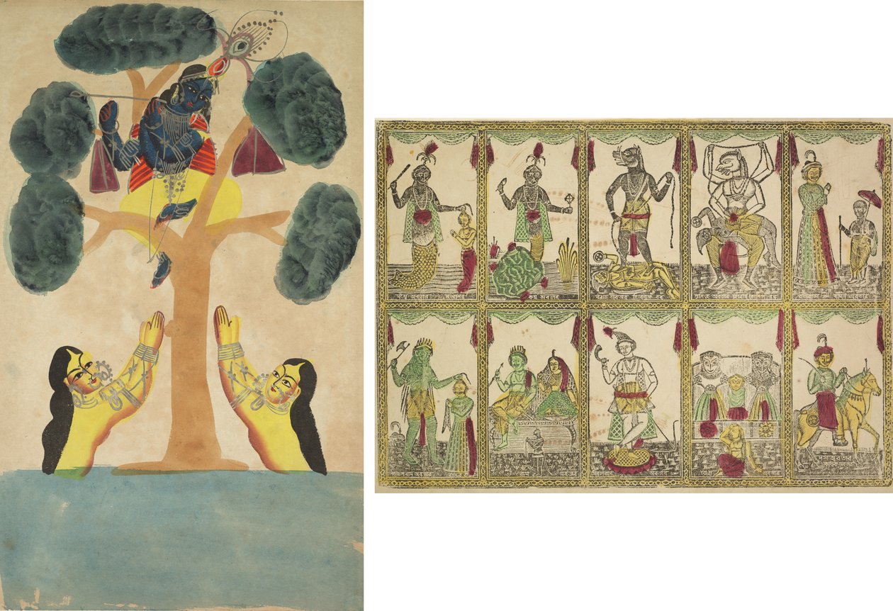 Krishna steelt de kleren van de koeherderinnen (Gopis) (recto); Das Avataras, tien incarnaties van Vishnu (verso) door Unknown artist