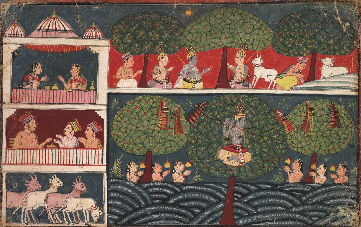 Krishna Steelt de Kleren van de Melkmeisjes en Verklaart de Deugd van Bomen, uit een Braj Bhagavata Purana door Unknown artist