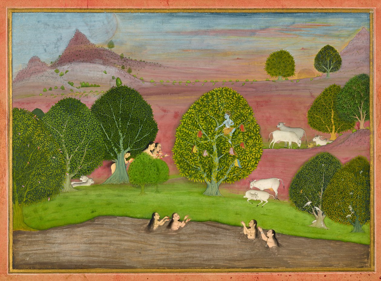 Krishna steelt de kleren van de gopis, folio uit een Bhagavata Purana door Unknown artist