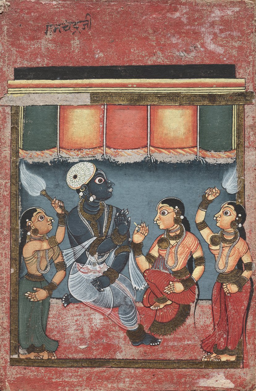 Krishna met Radha en Twee Bedienden (recto) door Unknown artist