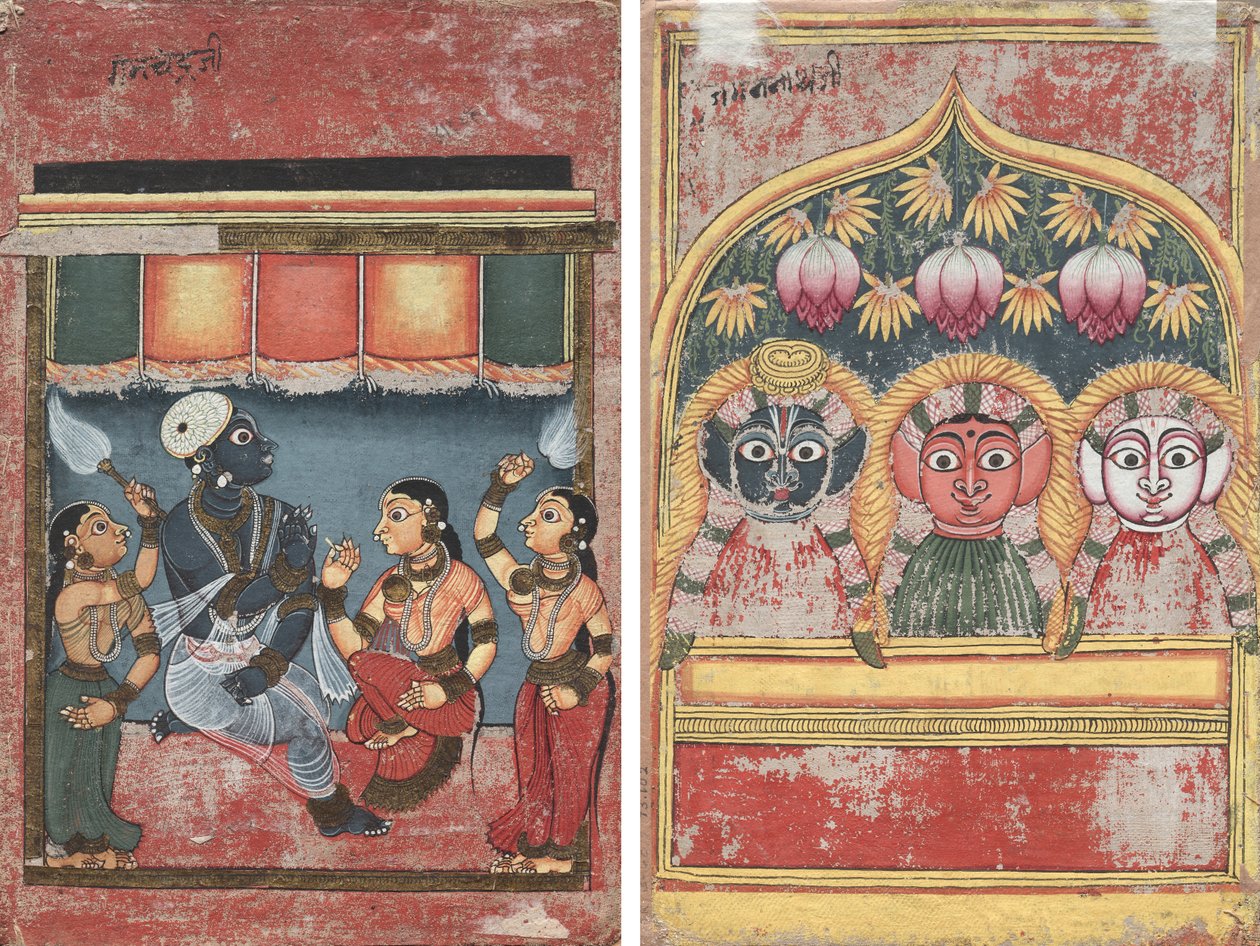 Krishna met Radha en Twee Bedienden (recto); Jagannath, Subhadra en Balarama in een Boog (verso) door Unknown artist
