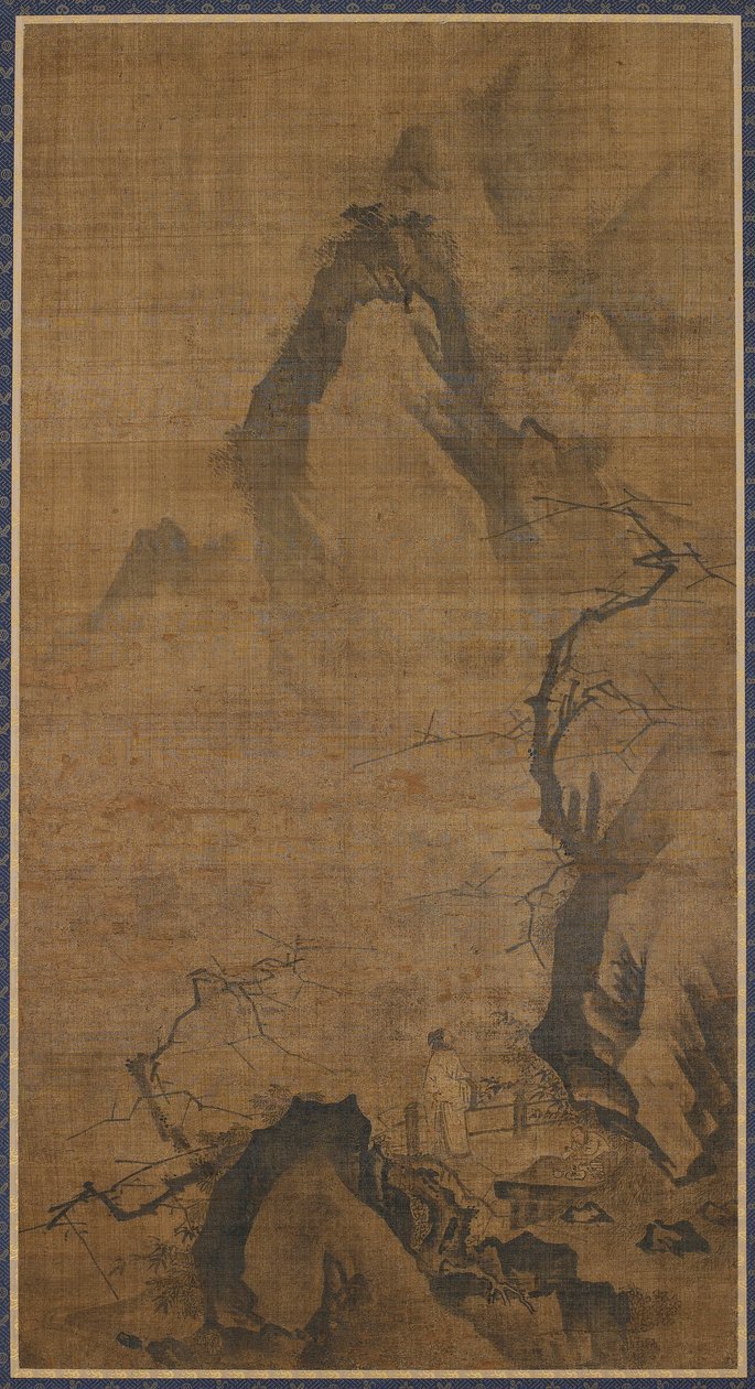 Landschap: berg en water; een figuur onder een pruimenboom door Unknown artist