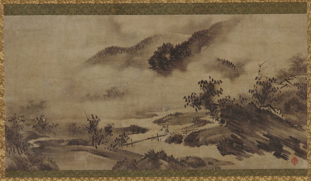 Landschap: bergen, mist en stroom door Unknown artist
