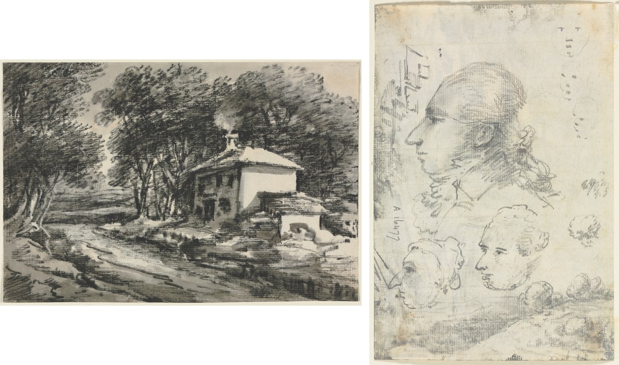 Landschap met Huisje (recto); Studies van Hoofden (verso) door Unknown artist