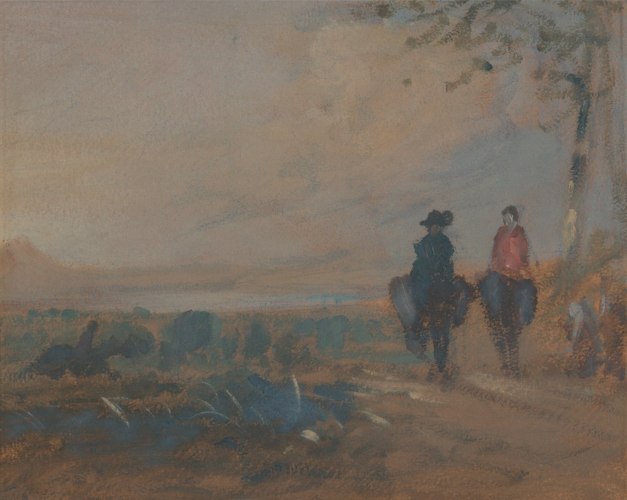 Landschap met meer en twee figuren te paard door Unknown artist