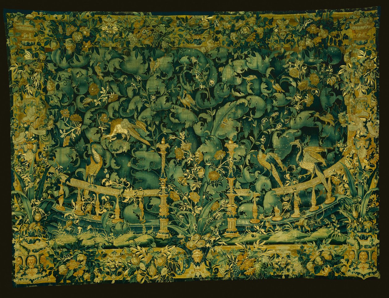 Groot bladverduistering met balustrade en vogels door Unknown artist