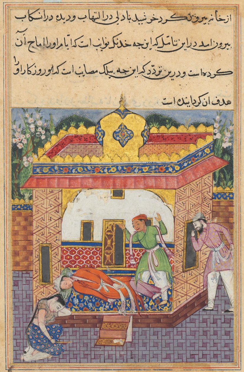 Latif, die zijn broer heeft vermoord, beschuldigt Khurshid ten onrechte van de daad, uit een Tuti-nama (Verhalen van een Papegaai): Tweeëndertigste Nacht door Unknown artist