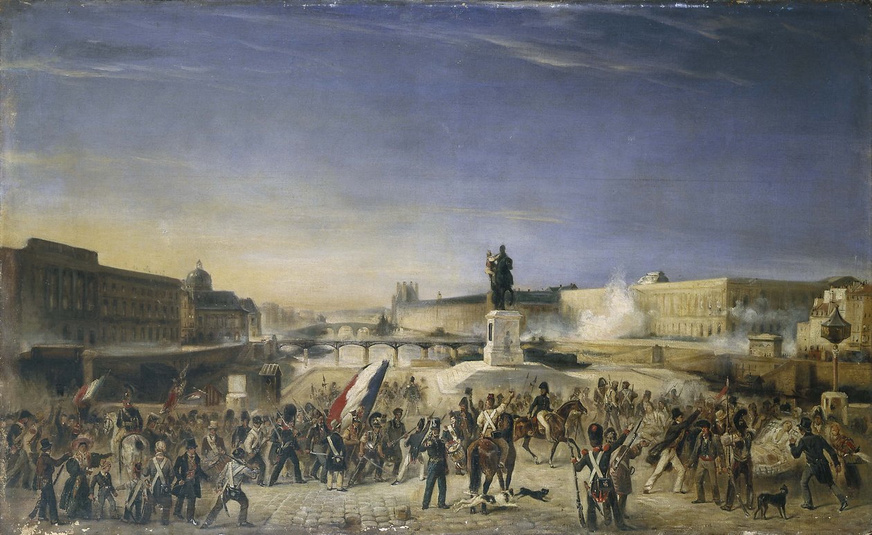 De aanval op het Louvre, 29 juli 1830, gezien vanaf Pont-Neuf, in 1830 door Unknown artist